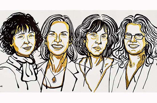 Ganhadoras: Emmanuelle Charpentier e Jennifer Doudna, do Nobel de Química; Louise Glück, poeta americana, no Nobel de Literatura, e Andrea Ghez, astrônoma estadunidense, no Nobel de Física – Fotomontagem do Jornal da USP sobre ilustrações de Niklas Elmehed