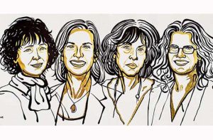 Ganhadoras: Emmanuelle Charpentier e Jennifer Doudna, do Nobel de Química; Louise Glück, poeta americana, no Nobel de Literatura, e Andrea Ghez, astrônoma estadunidense, no Nobel de Física – Fotomontagem do Jornal da USP sobre ilustrações de Niklas Elmehed